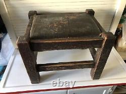 Antique Solid Oak Foot Stool Ottoman Leather Cushion Seat Mission Arts & Crafts