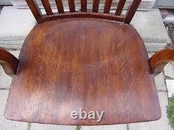 Antique Solid Oak Mission Bankers Lawyers Desk Arm Chair Swivel Rolling