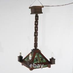 Antique Stickley School Arts & Crafts Mission Oak Leaded Slag Glass Chandelier