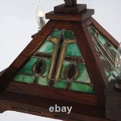 Antique Stickley School Arts & Crafts Mission Oak Leaded Slag Glass Chandelier