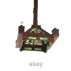 Antique Stickley School Arts & Crafts Mission Oak Leaded Slag Glass Chandelier