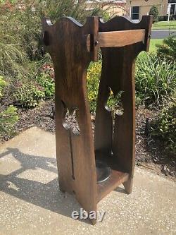 Antique Tiger Oak Arts & Crafts Mission Umbrella Hall Stand With Pierced Tulips