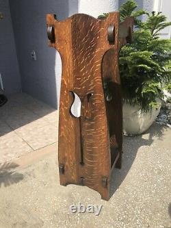 Antique Tiger Oak Arts & Crafts Mission Umbrella Hall Stand With Pierced Tulips