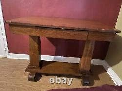 Antique Tiger Oak Library Table/Desk with Bottom Shelf & Drawer