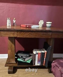 Antique Tiger Oak Library Table/Desk with Bottom Shelf & Drawer