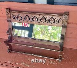 Antique Victorian Mission Oak Bathroom Shaving Mirror w Towel Bar Shelf