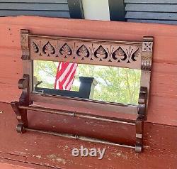 Antique Victorian Mission Oak Bathroom Shaving Mirror w Towel Bar Shelf