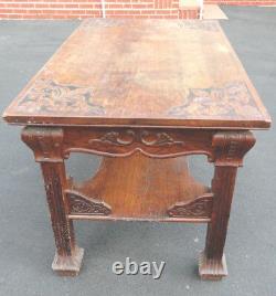 Antique oak Mission/Arts and Crafts Berkey carved/incised library/center table