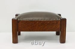 Arts & Crafts Mission Oak Antique Footstool, Leather #52203