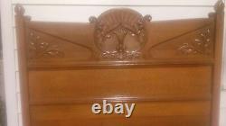 Century-old antique oak carved headboard 6' tall, footboard 3' tall, & bedframe