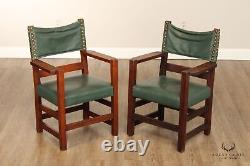 Gustav Stickley Antique Mission Oak Pair of Leather Back Armchairs