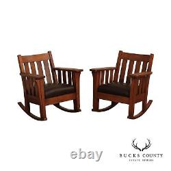 Harden Antique Mission Oak And Leather Pair Of Rockers
