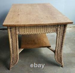 Heywood Wakefield Mission Style Oak & Wicker Library Table Arts & Crafts