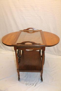 I Arts & Crafts Tiger Oak Serving Drop Leaf Table, Tea Cart with Tray