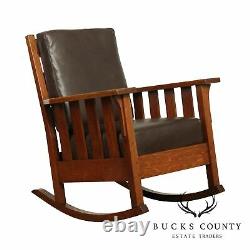 J. M. Young Antique Mission Oak and Brown Leather Rocking Chair