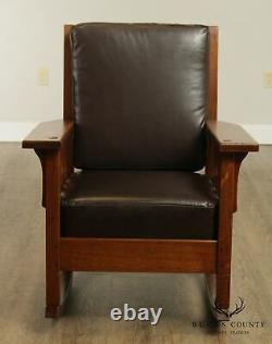 J. M. Young Antique Mission Oak and Brown Leather Rocking Chair