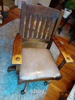 L & G J Stickley Mission Oak Swivel Office Arm Chair Leather Seat