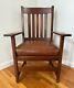 L & J. G. Stickley Mission Style Oak Antique Armchair, Brown Leather Seat