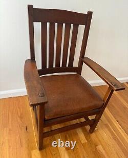 L & J. G. Stickley Mission Style Oak Antique Armchair, Brown Leather Seat