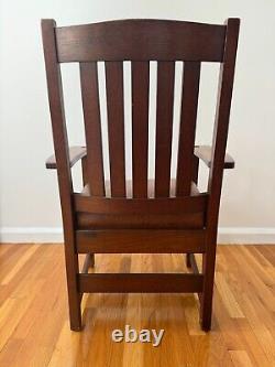 L & J. G. Stickley Mission Style Oak Antique Armchair, Brown Leather Seat