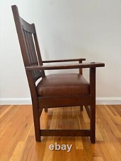 L & J. G. Stickley Mission Style Oak Antique Armchair, Brown Leather Seat