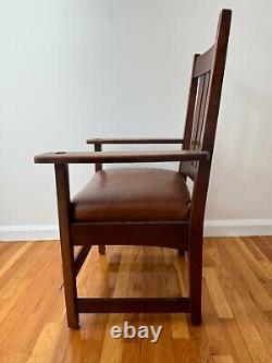 L & J. G. Stickley Mission Style Oak Antique Armchair, Brown Leather Seat