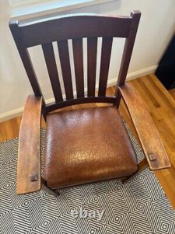 L & J. G. Stickley Mission Style Oak Antique Armchair, Brown Leather Seat