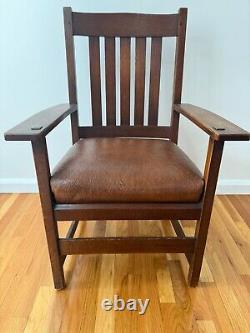 L & J. G. Stickley Mission Style Oak Antique Armchair, Brown Leather Seat