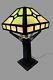 Mission Arts & Crafts Style Metal Framed Slag Glass Table Lamp w Oak Base