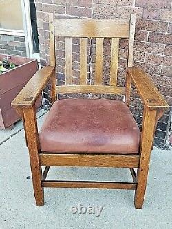 Mission Arts & Crafts antique Oak arm Chair with leather seat by Oak Craft Shop