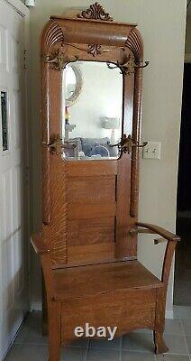 Mission Oak Hall Stand Storage Space Sitting Bench Mirror 82x33x16 Early 1900s