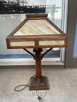 Mission Oak Slag Stained Glass Desk Lamp W. B. Brown