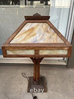 Mission Oak Slag Stained Glass Desk Lamp W. B. Brown