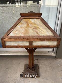 Mission Oak Slag Stained Glass Desk Lamp W. B. Brown