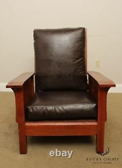Mission Style Oak Brown Leather Spindle Morris Chair