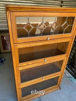 Mission Style Oak Leaded Glass Barrister Lawyers Bookcase Cabinet 55
