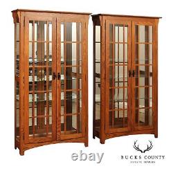 Mission Style Pair of Glass Door Oak Display Curio Cabinets