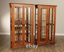 Mission Style Pair of Glass Door Oak Display Curio Cabinets