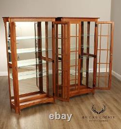 Mission Style Pair of Glass Door Oak Display Curio Cabinets