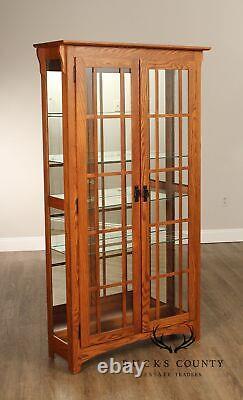 Mission Style Pair of Glass Door Oak Display Curio Cabinets