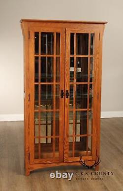 Mission Style Pair of Glass Door Oak Display Curio Cabinets