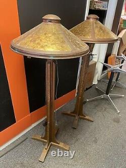 Pair Of 90s Mission Style Floor Lamps w Copper & Mica Shades Arts & Crafts