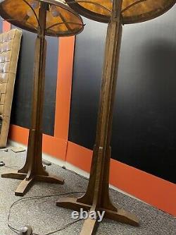 Pair Of 90s Mission Style Floor Lamps w Copper & Mica Shades Arts & Crafts