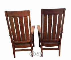 Pair Of Antique Arts & Crafts Mission Oak Library / Billiards Arm Chairs Fine