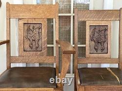 Pair Of Mission/Arts and Crafts Style Quarter-sewn Tiger Oak Carved Back Chairs