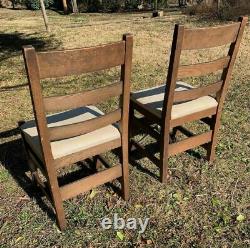 Pair antique oak L&JG Stickley pegged Arts & Crafts Mission style dining chairs