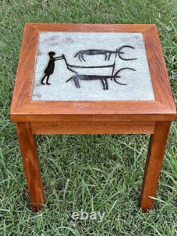 Petroglyph Cave Art Style Ceramic Tile Top Side Table Plant Stand Mission Oak