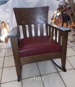 Quartersawn Oak Mission Rocker / Rocking Chair with burgundy leather (R250)