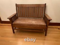 REDUCEDANTIQUE oak Mission- Arts and Crafts Style- BENCH with Leather Cushion