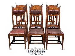Set Of Six Arts & Crafts Mission Oak Dining Chairs With Tulip Inlaid Crest Rails